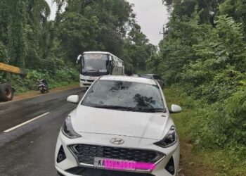 ಚಲಿಸುತ್ತಿದ್ದ ಕಾರಿನ ಮೇಲೆ ಬಿದ್ದ ಮರದ ಗೆಲ್ಲು, ತಪ್ಪಿದ ದುರಂತ
