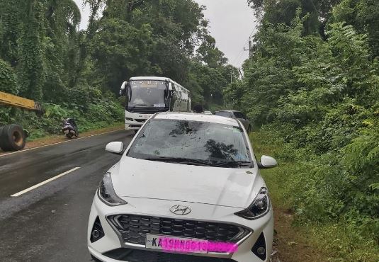 ಚಲಿಸುತ್ತಿದ್ದ ಕಾರಿನ ಮೇಲೆ ಬಿದ್ದ ಮರದ ಗೆಲ್ಲು, ತಪ್ಪಿದ ದುರಂತ