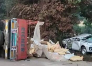 ಉಡುಪಿ : ಟೂರಿಸ್ಟ್ ಕಾರಿನ ಮೇಲೆ ಬಿದ್ದ ಲಾರಿ;ಪ್ರಯಾಣಿಕರು ಪಾರು