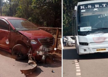 ಪುತ್ತೂರು :ಯಮರೂಪಿ ಐರಾವತ – ಕಾರ್ ಗೆ ಡಿಕ್ಕಿ, ಪ್ರಯಾಣಿಕರು ಪಾರು