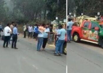 ಭೀಕರ ರಸ್ತೆ ಅಪಘಾತ,ಓರ್ವ ಸ್ಥಳದಲ್ಲೇ ಮೃತ್ಯು:ಬೈಕ್-ಬಿಜೆಪಿ ರ‍್ಯಾಲಿಯ ಪ್ರಚಾರದ ವಾಹನದ ನಡುವೆ ಡಿಕ್ಕಿ