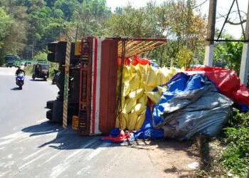 ಮಡಿಕೇರಿ: ಗೊಬ್ಬರ ಸಾಗಿಸುತ್ತಿದ್ದ ಲಾರಿ ಪಲ್ಟಿ !